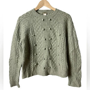 J. Crew • Green Lambswool Pom Pom Cable Knit Sweater
